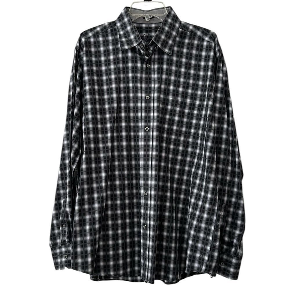 Bugatchi Long Sleeve Check Classic Fit Cotton Shirt Gray Black XL Men